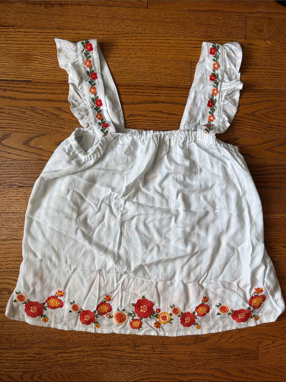 Girls White Striped Tank Top with Red Floral Embroidery